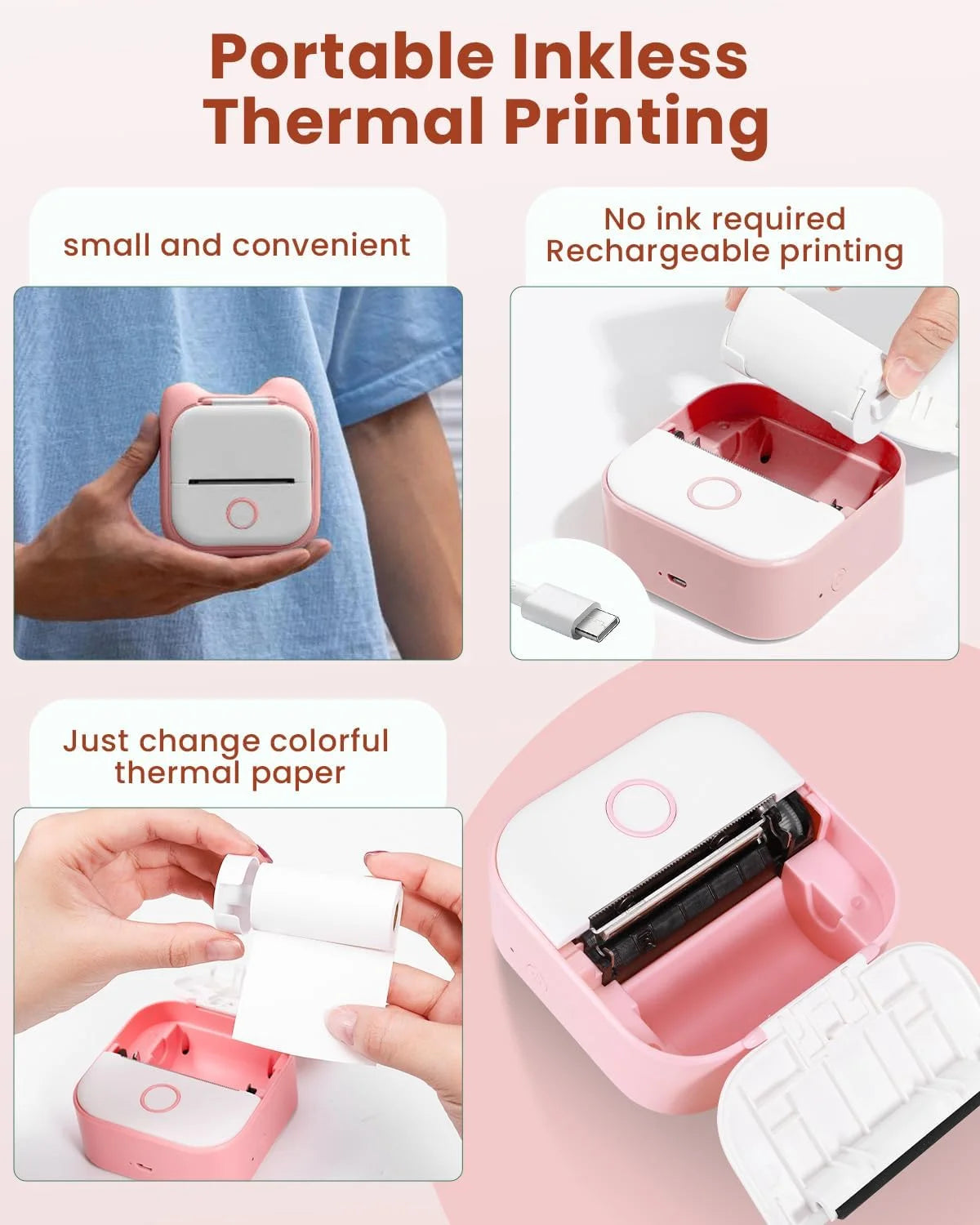 T02 Portable Label Maker, Mini Sticker Printer, Bluetooth Inkless Sticker Maker Machine, Mobile Printer for Study Notes, Kids Gift, Photos, Journals, To-Dos (Pink)